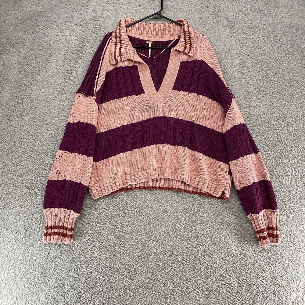 Free People Polo Sweater Womens Medium Striped Collared V Neck Pembrook Chunky